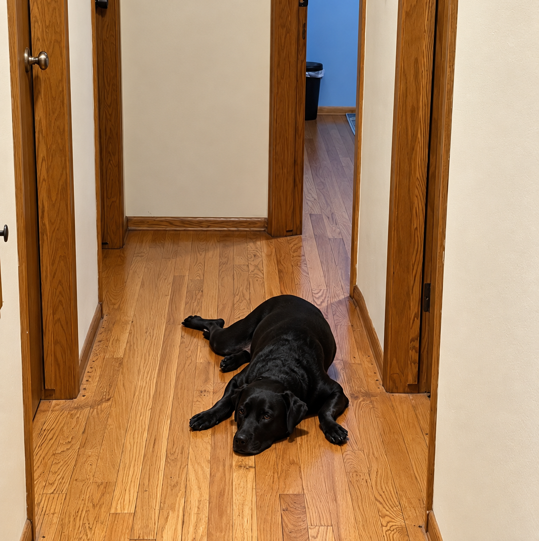 Cholula, our black Labrador, lying in the hallway outside the bedroom doors.